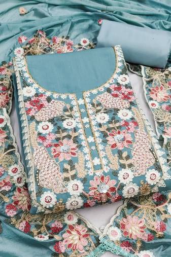 sea green unstitched thread embroidery handwork with embroidered dupatta silk blend dress material