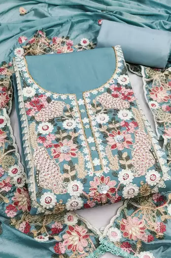 sea green unstitched thread embroidery handwork with embroidered dupatta silk blend dress material