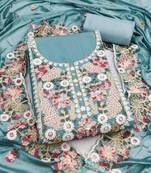 sea green unstitched thread embroidery handwork with embroidered dupatta silk blend dress material