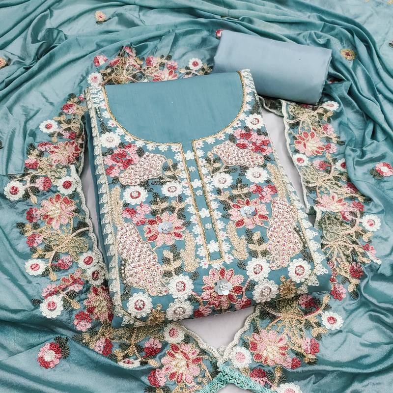 sea green unstitched thread embroidery handwork with embroidered dupatta silk blend dress material