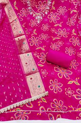 pink unstitched print handwork with woven embellished dupatta modal dress material 2