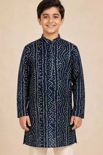 Boy's navy blue rayon digital print knee length kurta