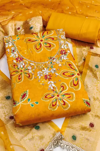 yellow unstitched print handwork with woven embellished dupatta modal dress material
