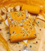 yellow unstitched print handwork with woven embellished dupatta modal dress material