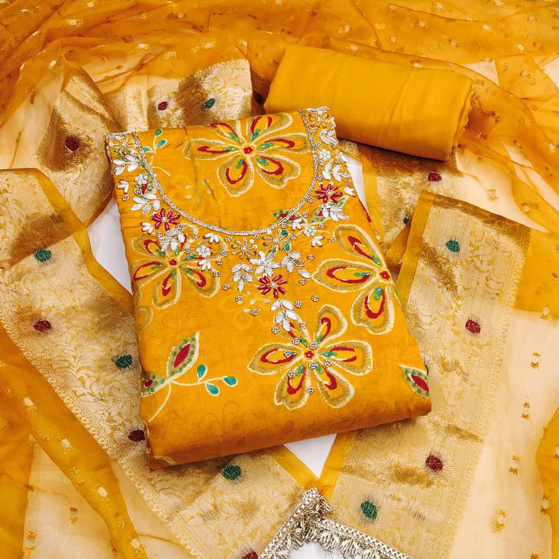 yellow unstitched print handwork with woven embellished dupatta modal dress material