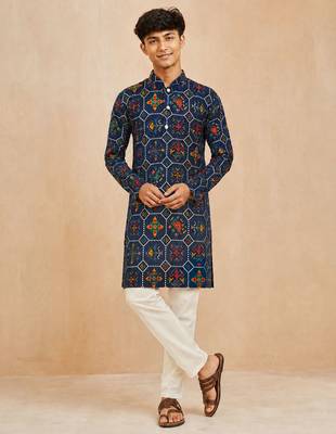 Boy's navy blue rayon printed knee length kurta 5