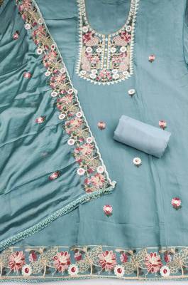 sea green unstitched thread embroidery handwork with embroidered dupatta silk blend dress material 2