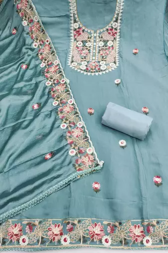 sea green unstitched thread embroidery handwork with embroidered dupatta silk blend dress material