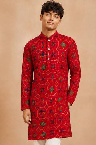 Boy's red rayon geometric print knee length kurta