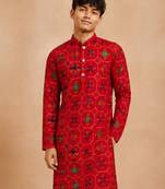 Boy's red rayon geometric print knee length kurta