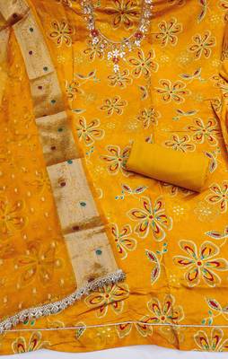 yellow unstitched print handwork with woven embellished dupatta modal dress material 2