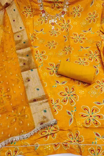 yellow unstitched print handwork with woven embellished dupatta modal dress material