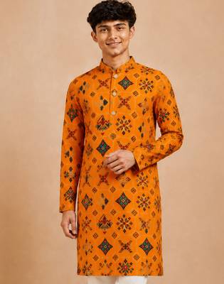 Boy's mustard rayon geometric print knee length kurta 1
