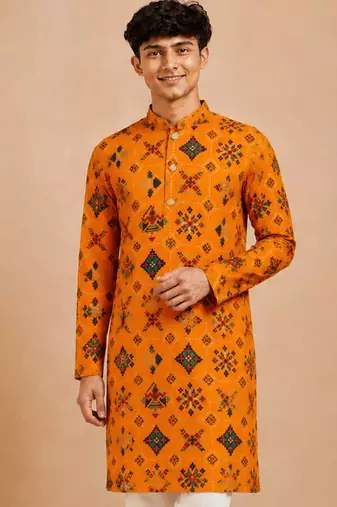 Boy's mustard rayon geometric print knee length kurta