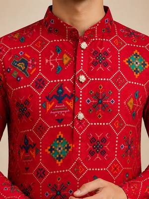 Boy's red rayon geometric print knee length kurta 2