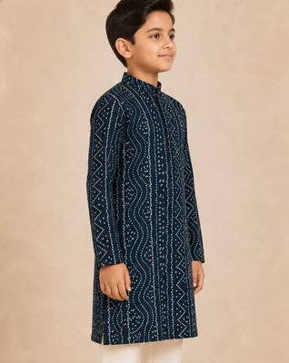 Boy's navy blue rayon digital print knee length kurta 3