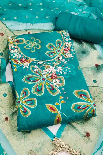sea green unstitched print handwork with woven embellished dupatta modal dress material