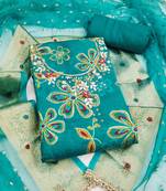 sea green unstitched print handwork with woven embellished dupatta modal dress material
