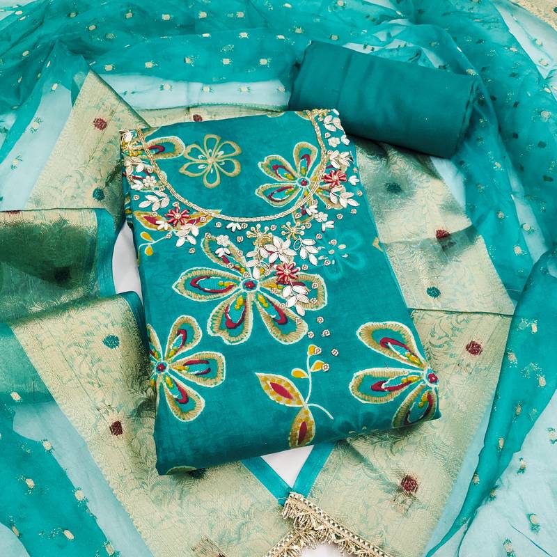 sea green unstitched print handwork with woven embellished dupatta modal dress material