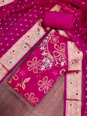 pink unstitched print handwork with woven embellished dupatta modal dress material 4