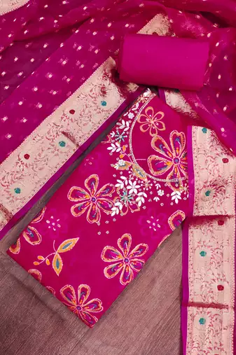 pink unstitched print handwork with woven embellished dupatta modal dress material
