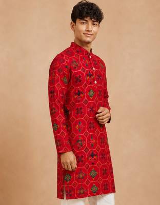 Boy's red rayon geometric print knee length kurta 3