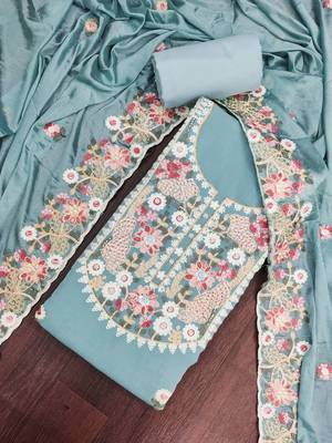 sea green unstitched thread embroidery handwork with embroidered dupatta silk blend dress material 4