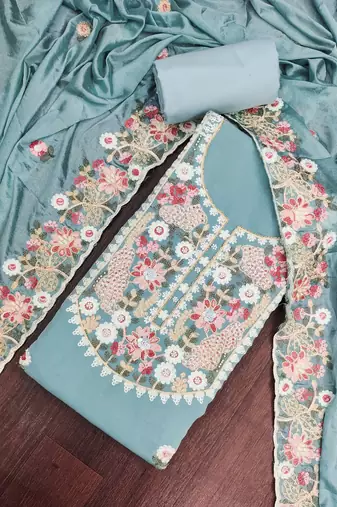 sea green unstitched thread embroidery handwork with embroidered dupatta silk blend dress material
