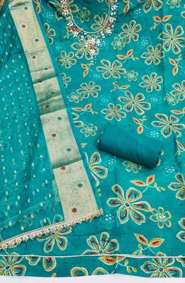 sea green unstitched print handwork with woven embellished dupatta modal dress material 2