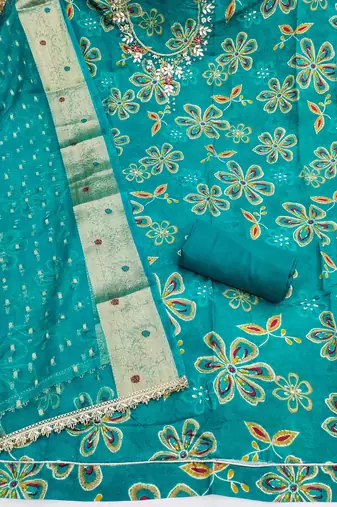 sea green unstitched print handwork with woven embellished dupatta modal dress material