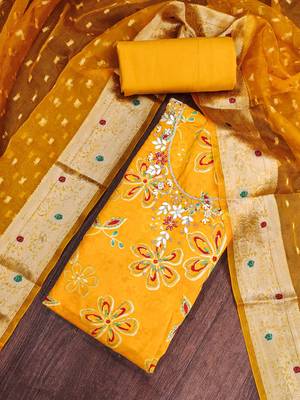 yellow unstitched print handwork with woven embellished dupatta modal dress material 4