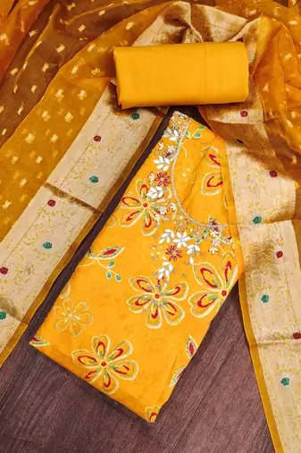 yellow unstitched print handwork with woven embellished dupatta modal dress material