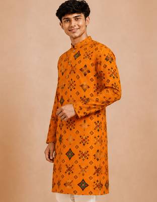 Boy's mustard rayon geometric print knee length kurta 3