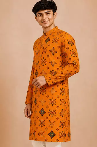 Boy's mustard rayon geometric print knee length kurta