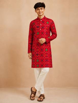 Boy's red rayon geometric print knee length kurta 5