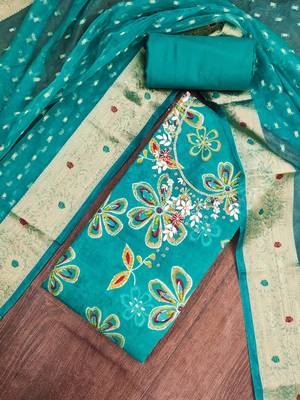 sea green unstitched print handwork with woven embellished dupatta modal dress material 4