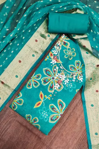 sea green unstitched print handwork with woven embellished dupatta modal dress material