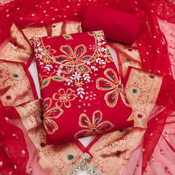 red unstitched print handwork with woven embellished dupatta modal dress material 1
