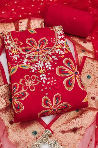 red unstitched print handwork with woven embellished dupatta modal dress material