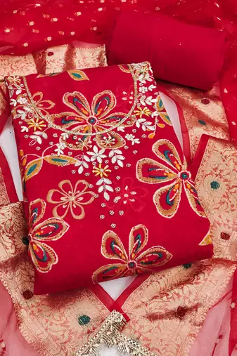 red unstitched print handwork with woven embellished dupatta modal dress material
