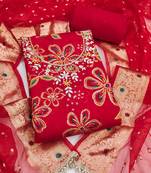 red unstitched print handwork with woven embellished dupatta modal dress material