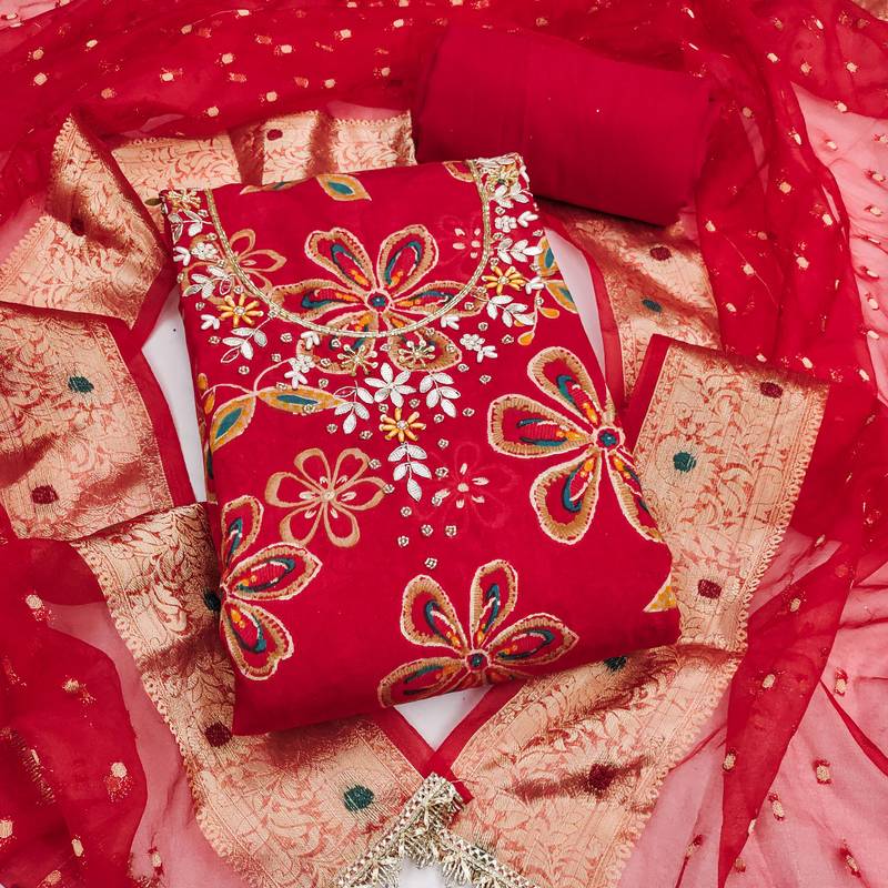 red unstitched print handwork with woven embellished dupatta modal dress material