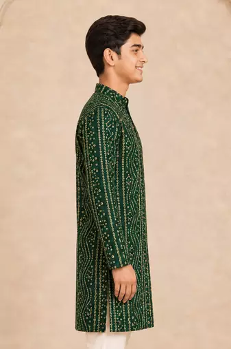 Boy's dark green rayon digital print knee length kurta