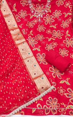 red unstitched print handwork with woven embellished dupatta modal dress material 2