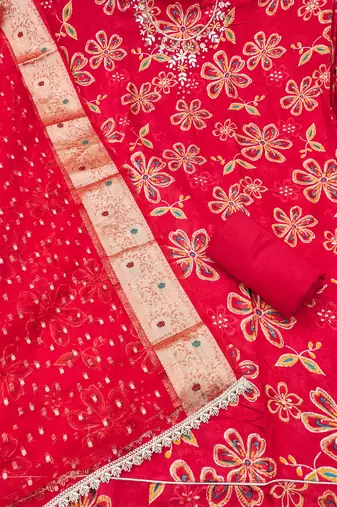 red unstitched print handwork with woven embellished dupatta modal dress material