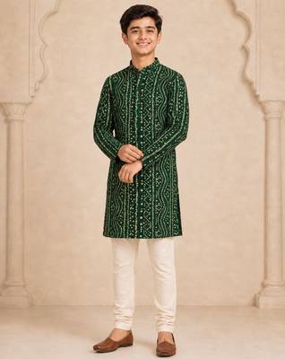 Boy's dark green rayon digital print knee length kurta 5