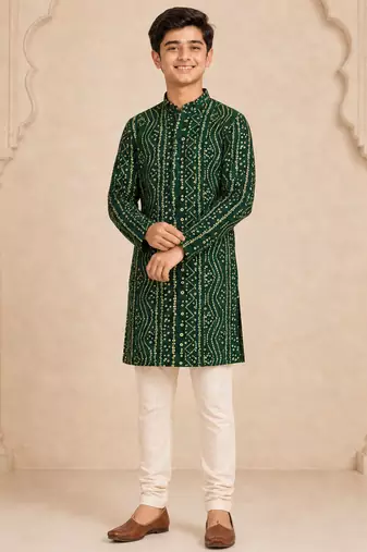 Boy's dark green rayon digital print knee length kurta