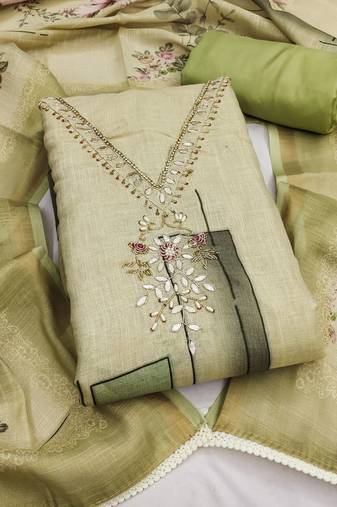 light green unstitched shimmer print handwork with printed dupatta linen dress material