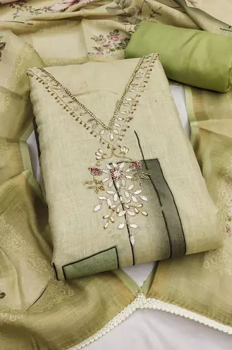 light green unstitched shimmer print handwork with printed dupatta linen dress material
