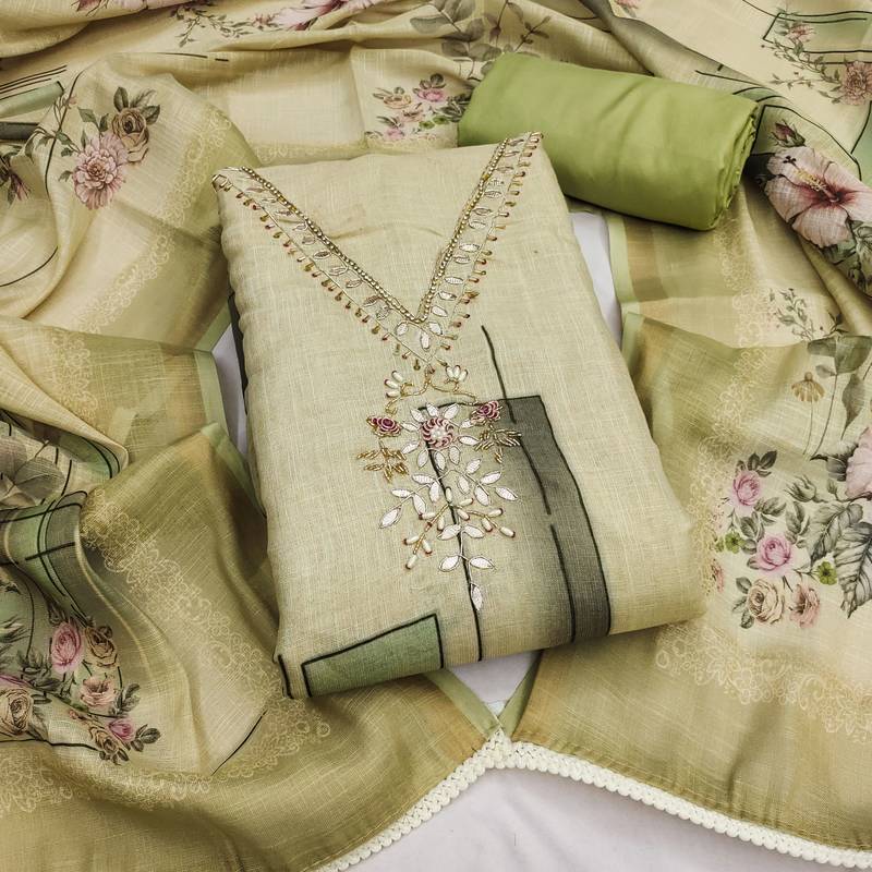 light green unstitched shimmer print handwork with printed dupatta linen dress material